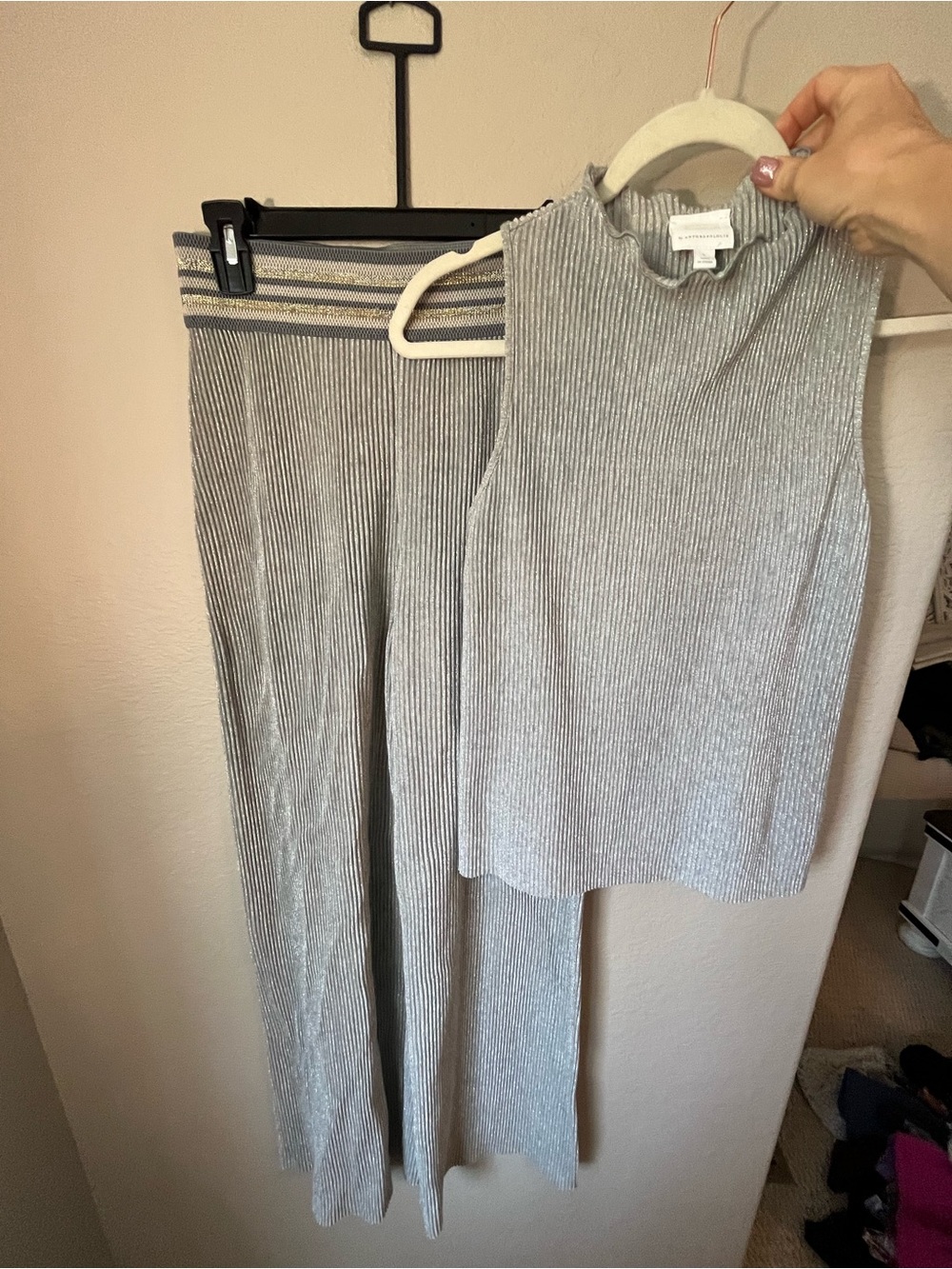 Anthropologie ett:twa Crepuscule Silver Metallic Plisse 2 Piece Set XS S Party